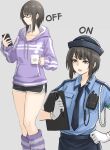  1girl absurdres black_hair cellphone clipboard cup dolphin_shorts fuku_(fuku12290574) glasses gloves hat highres hood hoodie loose_socks mug necktie original phone police police_uniform policewoman short_hair shorts simple_background smartphone socks uniform walkie-talkie 