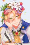  1boy alfred_(fire_emblem) ascot blonde_hair blue_cape cape closed_mouth collar fire_emblem fire_emblem_engage flower frilled_collar frilled_sleeves frills green_eyes hair_between_eyes hair_flower hair_ornament highres light_smile looking_at_viewer male_focus moretemath short_hair solo yellow_ascot 