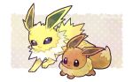  :3 animal_focus black_eyes border closed_mouth commentary doradorakingyo eevee evolutionary_line jolteon no_humans pokemon pokemon_(creature) running smile symbol-only_commentary twitter_username white_border 