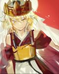  1other androgynous armor blonde_hair breastplate cape closed_mouth cocopalm crown highres japanese_clothes kimono len&#039;en looking_at_viewer ooama_no_ake_no_mitori other_focus red_cape sketch sleeveless sleeveless_kimono smile solo yellow_eyes 