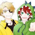  2boys :d black_shirt blonde_hair clenched_hand collarbone copyright_request drawstring eyebrows_hidden_by_hair eyepatch fang green_eyes green_hoodie grin hair_over_one_eye hood hood_up hoodie jacket long_sleeves looking_at_viewer male_focus maru_(memoriatechnica) multiple_boys open_clothes open_jacket outstretched_arm redhead shirt simple_background smile upper_body white_background yellow_jacket 