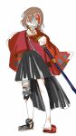  1other ametsukana_yago androgynous bandage_over_one_eye black_hakama brown_eyes brown_hair cocopalm full_body grin hakama hakama_skirt highres holding holding_sword holding_weapon japanese_clothes kimono len&#039;en long_sleeves mask mask_on_head medium_hair other_focus red_kimono sketch skirt smile sword weapon 