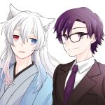  2boys animal_ear_fluff animal_ears black-framed_eyewear blue_eyes blue_hair brown_jacket closed_mouth collared_shirt copyright_request eyebrows_hidden_by_hair glasses gradient_hair grey_hair grey_kimono hair_between_eyes heterochromia jacket japanese_clothes kimono long_hair male_focus maru_(memoriatechnica) multicolored_hair multiple_boys necktie open_clothes parted_lips pink_hair purple_hair purple_necktie red_eyes shirt simple_background smile thick_eyebrows upper_body violet_eyes white_background white_shirt 