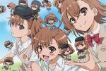  6+girls b_lovkl blush broken_arm brown_eyes brown_hair clone dolly_(toaru_kagaku_no_railgun) goggles goggles_on_head hat highres holding holding_weapon last_order_(toaru_majutsu_no_index) looking_at_viewer military_uniform misaka_imouto misaka_mikoto misaka_worst multiple_girls open_mouth ribbon school_uniform smile staring toaru_kagaku_no_railgun toaru_majutsu_no_index tokiwadai_school_uniform uniform weapon 