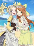  beach blonde_hair bow breast_press breasts clouds cloudy_sky corset dress etie_(fire_emblem) fire_emblem fire_emblem_awakening fire_emblem_engage frilled_shirt_collar frilled_sleeves frills green_bow grey_eyes highres holding_hands igni_tion lissa_(fire_emblem) long_hair looking_at_viewer medium_breasts ocean open_mouth orange_gemstone orange_hair short_twintails sky small_breasts swept_bangs teeth tiara twintails upper_teeth_only water yellow_dress 