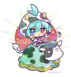  1boy 2021 animal_costume antennae blue_eyes blue_hair chibi cow_costume doradorakingyo hair_between_eyes heterochromia hood hood_up looking_at_viewer male_focus open_mouth paw_pose puyopuyo puyopuyo_fever puyopuyo_quest red_eyes riding sig_(puyopuyo) twitter_username umiushi_(puyopuyo) white_background 