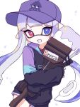  1girl :d baseball_cap black_shorts black_sweater blue_eyes commentary eyelashes hat heart heart-shaped_pupils heterochromia holding holding_weapon inkling inkling_girl inuowour long_hair looking_at_viewer octobrush_(splatoon) print_headwear purple_hair purple_headwear red_eyes shorts simple_background smile solo splatoon_(series) splatoon_3 sticker sweater symbol-only_commentary symbol-shaped_pupils tentacle_hair weapon white_background 