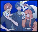  1girl 2boys :d black_border black_jacket black_pants black_shirt blue_background blue_eyes blue_hair blue_jacket border brown_eyes brown_hair character_request clown_mask collarbone colorful_peach grey_shirt grey_sweater grin holding holding_mask jacket long_sleeves maru_(memoriatechnica) mask multiple_boys open_clothes open_jacket pants puffy_long_sleeves puffy_sleeves red_eyes ribbed_sweater shirt short_sleeves sleeves_past_wrists smile sweater sweater_vest turtleneck turtleneck_sweater unworn_mask v-shaped_eyebrows 