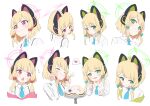  2girls absurdres animal_ear_headphones animal_ears aqua_necktie blonde_hair blue_archive blush cat_ear_headphones closed_eyes closed_mouth collared_shirt cropped_torso expressions fake_animal_ears food green_eyes halo headphones heart highres midori_(blue_archive) momoi_(blue_archive) multiple_girls multiple_views necktie open_mouth pink_eyes pre_sktch shirt siblings simple_background sisters spoken_heart sweat twins upper_body white_background white_shirt 