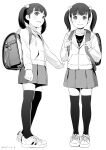  1girl backpack bag charm_(object) full_body greyscale hair_bobbles hair_ornament hiyori_mizuki jacket looking_at_viewer monochrome multiple_views original paid_reward_available parted_lips randoseru shoes short_hair skirt smile sneakers thigh-highs twintails zettai_ryouiki 