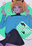  1girl :3 absurdres blonde_hair blue_sweater bob_cut daniel_deves demon_horns fake_horns highres horns inverted_bob memcho multicolored_hair off-shoulder_sweater off_shoulder oshi_no_ko roots_(hair) sweater 