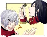  2boys ^^^ arch_bishop_(ragnarok_online) black_hair black_shirt collared_shirt commentary_request cropped_head eyes_visible_through_hair flowery_peko glasses grey_eyes grey_hair guillotine_cross_(ragnarok_online) hair_between_eyes holding_own_hair long_bangs long_hair long_sleeves looking_at_another male_focus multiple_boys official_alternate_costume open_mouth ragnarok_online rectangular_eyewear red_scarf red_shirt rimless_eyewear scarf severed_hair shirt short_hair yellow_background yellow_eyes 