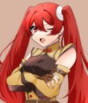  1girl ;d brown_gloves crossed_arms detached_sleeves fang fingerless_gloves fire_emblem fire_emblem_awakening gau_fe gloves hair_between_eyes long_hair looking_at_viewer one_eye_closed red_eyes redhead severa_(fire_emblem) skin_fang smile solo twintails upper_body 