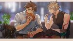  2boys aqua_eyes bare_shoulders black_pants black_shirt blonde_hair blue_eyes blurry blurry_background blurry_foreground brown_hair burger cloud_strife collared_shirt cup disposable_cup earrings eating final_fantasy final_fantasy_vii final_fantasy_vii_advent_children final_fantasy_viii food french_fries hair_between_eyes highres holding holding_cup holding_food jewelry letterboxed male_focus multiple_boys pants scar scar_on_face scar_on_forehead shio_ga shirt short_hair single_earring sitting sleeveless sleeveless_shirt sleeves_rolled_up spiky_hair squall_leonhart white_shirt 
