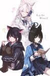  3girls akira_(blue_archive) animal_ear_fluff animal_ears blue_archive cat_ears collared_shirt grey_halo hair_intakes halo highres holding holding_phone jacket jacket_on_shoulders kazusa_(blue_archive) kikyou_(blue_archive) long_hair looking_at_phone looking_to_the_side makihitsuji multiple_girls one_side_up open_mouth pants parted_bangs phone red_eyes shirt upper_body white_hair white_jacket white_pants white_shirt 