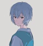  1girl ayanami_rei blue_hair expressionless hair_between_eyes hajikkoneko highres neon_genesis_evangelion portrait red_eyes school_uniform shirt short_hair simple_background solo tokyo-3_middle_school_uniform upper_body white_shirt 