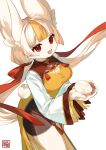  1girl :d animal-themed_food animal_ear_fluff animal_ears artist_name blonde_hair blunt_bangs body_fur bun_(food) china_dress chinese_clothes commentary cowboy_shot dress floating_hair food from_above furry furry_female hair_ribbon highres holding holding_food kawarage_yatano layered_sleeves long_hair long_sleeves low_twintails multicolored_hair open_mouth original own_hands_together pawpads rabbit_ears rabbit_girl rabbit_tail red_eyes ribbon simple_background smile solo standing tail tassel twintails two-tone_hair white_background white_fur white_hair wide_sleeves yellow_dress 
