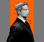  1boy alexander_(veil) cigarette commentary dated grey_background greyscale greyscale_with_colored_background highres jacket kotteri looking_to_the_side looking_up male_focus monochrome necktie orange_background profile shirt short_hair solo symbol-only_commentary upper_body veil_(manga) 