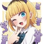  1girl :3 absurdres blonde_hair blush bob_cut demon_horns fake_horns highres horns inverted_bob meiji_(meizi493) memcho multicolored_hair oshi_no_ko roots_(hair) 