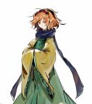  1other androgynous blue_scarf closed_mouth cocopalm dress green_dress hairband len&#039;en medium_hair orange_eyes orange_hair other_focus red_hairband scarf simple_background solo white_background wide_sleeves yellow_sleeves zuifeng_tenkai 