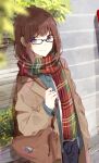  1girl bag black-framed_eyewear blue_pants brown_bag brown_coat brown_hair closed_mouth coat cowboy_shot glasses green_scarf looking_at_viewer medium_hair open_clothes open_coat original outdoors pants plaid plaid_scarf red_scarf scarf shiina_kuro shirt shoulder_bag smile solo two-tone_scarf violet_eyes white_shirt 