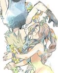  1boy 1girl aerith_gainsborough bare_shoulders black_gloves blonde_hair blue_shirt braid braided_ponytail breasts brown_hair closed_eyes cloud_strife couple dress final_fantasy final_fantasy_vii final_fantasy_vii_remake flower genpai39 gloves hair_ribbon hetero highres long_hair looking_at_another medium_breasts parted_bangs pink_dress pink_ribbon profile ribbon shirt short_hair single_braid sleeveless sleeveless_turtleneck spiky_hair turtleneck upper_body watercolor_effect wavy_hair white_background yellow_flower yin_yang 
