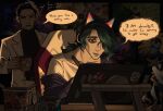  2boys animal_ear_headphones animal_ears black_hair cat_ear_headphones collarbone cup drawing english_commentary fake_animal_ears green_hair hair_over_one_eye headphones highres holding holding_cup holding_pen hwei_(league_of_legends) jacket jhin konstatin_(konstatinart) league_of_legends long_hair male_focus mask mask_on_head multiple_boys pen ponytail short_hair speech_bubble suit violet_eyes white_jacket white_suit 