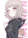  1girl animal_bag blush brown_hair cat_bag danganronpa_(series) danganronpa_2:_goodbye_despair flipped_hair galaga hair_ornament highres hood hood_down jacket long_sleeves looking_at_viewer medium_hair nanami_chiaki nawoichi open_clothes pink_eyes ribbon shirt simple_background solo white_background 