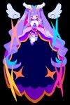  1girl absurdly_long_hair absurdres black_background blunt_bangs closed_mouth commentary_request cure_majesty dress ellee-chan floating hair_ornament heart heart_hair_ornament highres hirogaru_sky!_precure long_hair looking_at_viewer magical_girl noniha precure purple_dress purple_footwear purple_hair shoes smile solo sparkle thigh-highs very_long_hair wavy_hair white_thighhighs white_wings wing_hair_ornament wings 