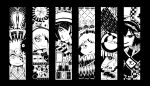  6+others adagumo_no_saragimaru ametsukana_yago androgynous bandage_over_one_eye chikafumikou closed_mouth dagger dice_hair_ornament greyscale hair_ornament hairband hat high_contrast knife len&#039;en monochrome multiple_others open_mouth other_focus senri_haiji senri_tsurubami shirt short_hair smile stage_connection striped striped_shirt weapon xeno_a zuifeng_tenkai 