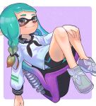  1girl aqua_hair bike_shorts border brown_hair commentary_request full_body gradient_hair highres inkling inkling_girl long_hair low-tied_long_hair multicolored_hair nastar_r0 purple_background school_uniform serafuku shoes sitting slosher_(splatoon) smile solo splatoon_(series) splatoon_3 two-tone_hair violet_eyes weapon white_border white_footwear 