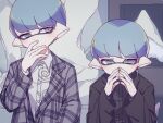  2boys black_jacket blue_eyes blue_hair closed_mouth commentary hand_to_own_mouth inkling inkling_boy inuowour jacket male_focus multiple_boys own_hands_together pointy_ears shirt short_hair splatoon_(series) symbol-only_commentary upper_body white_shirt 