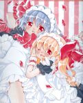  2girls alternate_costume aogiri_sei apron blonde_hair blush bow enmaided fang flandre_scarlet grey_hair hair_between_eyes hair_bow happy large_bow long_hair looking_at_viewer maid maid_apron maid_headdress multiple_girls one_eye_closed open_mouth red_bow red_eyes red_petals remilia_scarlet siblings simple_background sisters striped striped_background touhou wrist_cuffs 