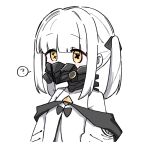  1girl black_mask blue_archive dress ein_(blue_archive) fami_miminmin highres mask medium_hair respirator simple_background solo symbol-shaped_pupils two_side_up upper_body white_background white_dress white_hair x-shaped_pupils yellow_eyes 