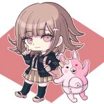  1girl black_shirt black_thighhighs bow brown_hair brown_skirt collared_shirt danganronpa_(series) danganronpa_2:_goodbye_despair diaper ear_bow flipped_hair fol0050 heterochromia highres hood hood_down hooded_jacket jacket miniskirt monomi_(danganronpa) nanami_chiaki open_clothes open_jacket pink_eyes pink_footwear pleated_skirt red_background shirt shirt_tucked_in skirt smile spaceship_hair_ornament thigh-highs white_background white_shirt zettai_ryouiki 