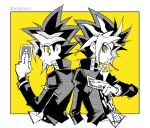  2boys asterisks_aya card chain_necklace collar halftone holding holding_card jacket jewelry light_smile multiple_boys necklace spiky_hair upper_body white_background yami_yuugi yellow_background yellow_eyes yu-gi-oh! 