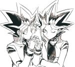  2boys collar crossed_arms greyscale highres jacket looking_at_another monochrome multiple_boys one_eye_closed spiky_hair tok_nuts upper_body white_background yami_yuugi yu-gi-oh! 