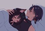  1boy 1girl animal_ears black_hair cat_ears cat_girl closed_eyes hand_on_another&#039;s_head head_on_chest head_on_pillow highres horns original pillow sese_nagi single_hair_tube sleeping under_covers 