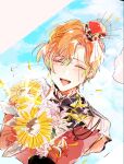  1boy akuma_shitsuji_to_kuroi_neko blue_background bouquet closed_eyes flower half_updo highres holding holding_bouquet holding_flower jacket long_sleeves male_focus multicolored_background nakiyagonaku open_mouth red_jacket short_ponytail side_ponytail sketch smile solo sunflower teddy_brown teeth white_background yellow_flower 