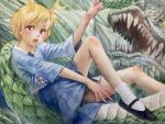  1girl absurdres antlers blonde_hair blue_shirt blue_skirt dragon_girl dragon_horns dragon_tail highres horns kicchou_yachie misawa_hiroshi open_mouth painting_(medium) red_eyes shirt short_hair skirt square_neckline tail touhou traditional_media turtle_shell watercolor_(medium) yellow_horns 