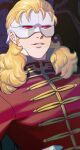  1boy artist_logo blonde_hair commentary_request full_frontal gundam gundam_unicorn highres jacket long_hair male_focus mask military military_jacket military_uniform parted_lips red_jacket smile solo teeth uniform ususio_11 