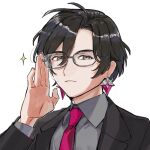  1boy adjusting_eyewear alternate_costume bespectacled black_hair black_jacket black_suit brown_eyes closed_mouth collared_shirt constantine_xi_(fate) curtained_hair earrings expressionless fate/grand_order fate_(series) glasses grey_shirt hair_between_eyes huzishiro jacket jewelry lapels long_sleeves looking_at_viewer male_focus necktie notched_lapels open_clothes open_jacket pink_necktie shirt short_hair simple_background solo sparkle suit suit_jacket upper_body white_background 