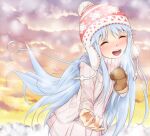  1girl alternate_hair_color blue_hair blush brown_mittens christmas_ornaments closed_eyes clouds cloudy_sky commentary_request hand_up happy hat index_(toaru_majutsu_no_index) light_blue_hair long_hair long_sleeves miniskirt mittens open_mouth orange_sky outdoors outstretched_arm pink_headwear pleated_skirt reaching reaching_towards_viewer shin_(highest1192) sidelocks single_mitten skirt sky snow snowflake_print solo teeth toaru_majutsu_no_index tongue upper_body upper_teeth_only very_long_hair winter winter_clothes 