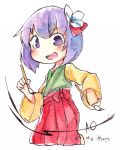  1girl chibi cowboy_shot green_vest hieda_no_akyuu holding_calligraphy_brush japanese_clothes kibayashi_kimori long_sleeves looking_at_viewer medium_hair one-hour_drawing_challenge open_mouth pleated_skirt purple_hair red_skirt shirt simple_background skirt solo teeth touhou upper_teeth_only vest violet_eyes white_background wide_sleeves yellow_shirt 