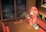 1girl absurdres bag blue_eyes blurry blush bow city_lights cityscape closed_mouth coffee commission cup doki_doki_literature_club english_commentary hair_between_eyes hair_bow handbag highres holding holding_cup indoors jacket long_sleeves looking_at_viewer mug mxsoundtube night night_sky pink_hair pink_sweater pixiv_commission plaid plaid_scarf puffy_long_sleeves puffy_sleeves red_bow red_scarf restaurant ribbed_sweater sayori_(doki_doki_literature_club) scarf short_hair shoulder_bag sitting skirt sky sleeves_past_wrists smile snow snowing solo star_(sky) starry_sky steam striped sweater table window winter