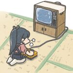  1girl black_hair black_hakama commentary_request controller ferret-san from_behind hakama hakama_skirt houshou_(kancolle) japanese_clothes joystick kantai_collection kimono long_hair pantyhose pink_kimono playing_games ponytail puff_of_air skirt solo tasuki tatami television 