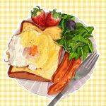 bread food food_focus fork fried_egg fruit highres miri_illust no_humans original plaid plaid_background plate sausage strawberry 