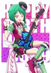  1girl :d beret black_headwear boots bow commentary_request foot_out_of_frame green_hair green_nails green_shirt green_socks guitar hands_up happy_birthday hat heart high_heel_boots high_heels highres hizuki_(hiduki6121) holding holding_guitar holding_instrument instrument invisible_chair kiratto_pri_chan kneehighs looking_at_viewer midorikawa_sara mini_hat nail_polish neck_ribbon open_mouth pink_eyes pink_footwear pink_shorts pretty_series puffy_short_sleeves puffy_shorts puffy_sleeves purple_ribbon ribbon shirt short_hair short_sleeves shorts sitting smile socks solo white_bow wrist_cuffs 
