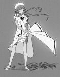  1girl aria_(manga) aria_company_uniform braid closed_eyes full_body grey_background greyscale highres long_hair monochrome puddle solo suiso_(owp) twin_braids water 