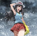  1girl :o arm_up armpits bare_arms black_hair blue_shirt breasts clouds cloudy_sky cowboy_shot floating_hair from_below hand_on_headwear hat highres leaf_(pokemon) long_hair medium_breasts messy_hair miniskirt open_mouth outdoors pleated_skirt pokemon pokemon_frlg red_skirt shirt skirt sky sleeveless sleeveless_shirt solo standing tsukishiro_saika very_long_hair white_headwear wristband 